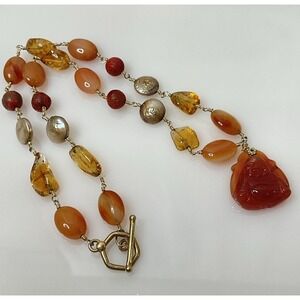 Carnelian Citrine Buddha Pendant Necklace Coin Pearl Coral Sterling Clasp 16"